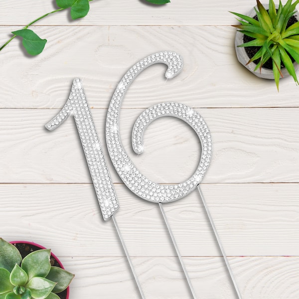 16 Rhinestone Cake Topper - Silver Metal  Sixteen Birthday Decorations - Sparkly Sweet 16 Number Party Supplies – Premium Quality Handmade