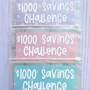 1k Savings Challenge | Laminated Saving Challenge Card and Vinyl Labeled Zipper Envelope | A6 sized Envelope and Savings Challenge Tracker