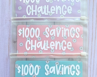1k Savings Challenge | Laminated Saving Challenge Card and Vinyl Labeled Zipper Envelope | A6 sized Envelope and Savings Challenge Tracker