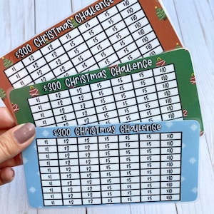 May include: Three different Christmas challenge cards with a blue, green, and orange background. Each card has a grid with dollar amounts from $1 to $10. The text "$300 Christmas Challenge" is printed on each card.