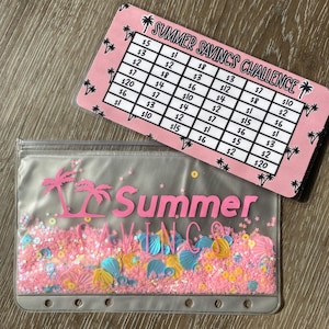 May include: A clear, zippered pouch with pink text reading "Summer Saving" and filled with pink confetti, seashells, and sequins. A pink card with a savings challenge grid and palm tree graphics is on top.