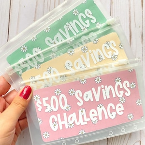 500 Dollar Savings Challenge | Laminated Saving Challenge Card and Vinyl Labeled Zipper Envelope | A6 sized Envelope & Savings Tracker