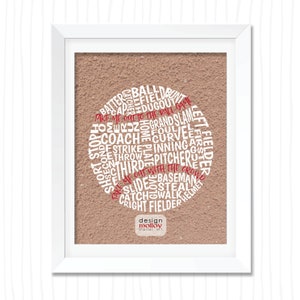 Könnte beinhalten: Ein beiger Hintergrund mit einem weißen Rahmen. Im Rahmen befindet sich ein brauner, strukturierter Hintergrund mit einer weißen, baseballförmigen Wortwolke. Die Wörter in der Wortwolke beziehen sich auf Baseball, wie "batter", "ball", "field", "bunt", "take me out to the ball game", "grand slam", "coach", "strike", "inning", "pitcher", "third", "left fielder", "shortstop", "second", "fence", "throw", "home plate", "curve", "foul", "home run", "dugout", "scape", "slide", "baseman", "steal", "catch", "walk", "helmet", "right fielder". Der Text "design molloy original art" befindet sich am unteren Rand der Wortwolke.