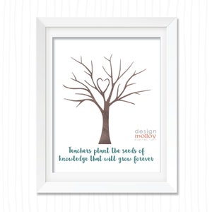 Puede incluir: Una impresión de arte imprimible con un árbol marrón con un corazón en el centro. El texto debajo del árbol dice "Los maestros plantan las semillas del conocimiento que crecerán para siempre".