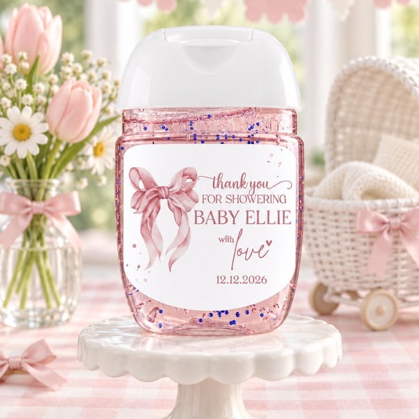 Pink Bow Baby Shower Labels, Coquette Baby Shower Labels, Pink Coquette Bow Favors Labels, Pink Bow Sanitizer Labels,