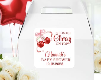 Cherry Baby Shower Stickers, She's The Cherry On Top, Cherries Baby Shower Labels, Cherry Baby Shower Favors Labels