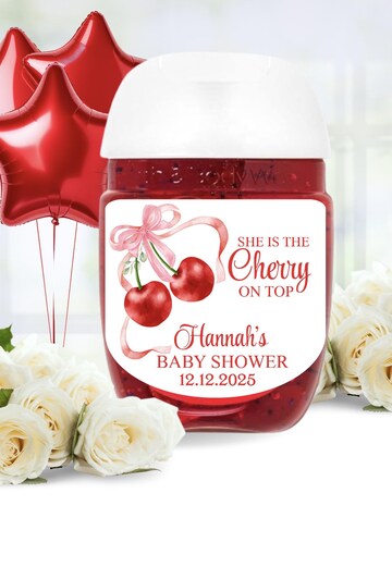 Cherry Baby Shower Stickers, She's The Cherry On Top, Cherries Baby Shower Sanitizer Labels, Cherry Baby Shower Favors Labels