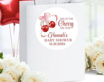 Cherry Baby Shower Stickers, She's The Cherry On Top, Cherries Baby Shower Labels, Cherry Baby Shower Favors Labels