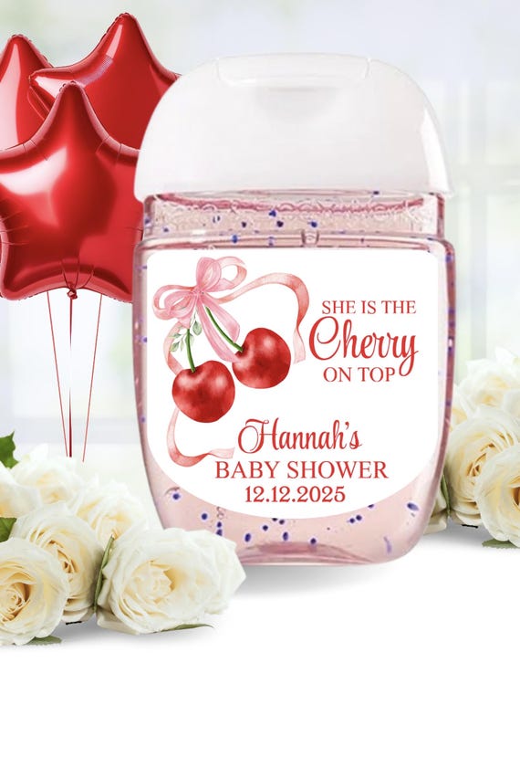 Cherry Baby Shower Stickers, She's The Cherry On Top, Cherries Baby Shower Sanitizer Labels, Cherry Baby Shower Favors Labels