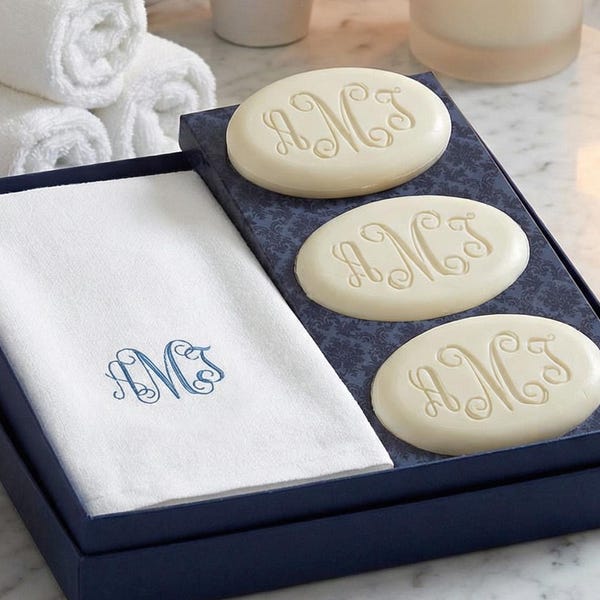 Monogram Personalized Soap and Guest Towel Set | - Set of 3 Engraved Soaps | Personalized Housewarming Gift | 2860_O_M