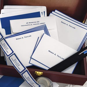 Personalized Stationery Set | Custom Note Cards with Personalized Box |  Border Cards, Return Address Labels | DELUXE STATIONARY BOX | 3991