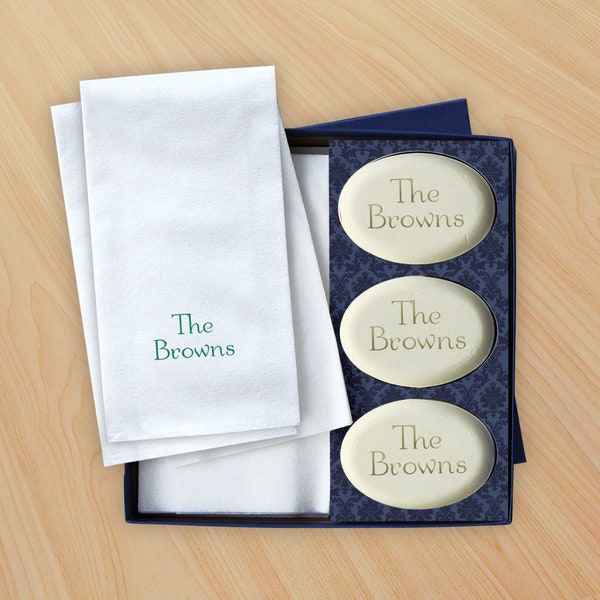 Personalized Name Engraved Soap and Letterpress Guest Towel Set, Bath Accessories, Guest Accessories|Soap & Guest Towel Set w/Name|2860_O_N