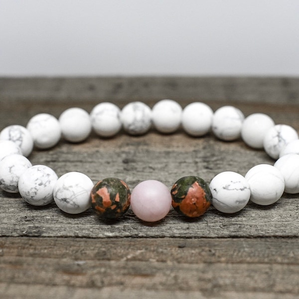 Healthy Pregnancy Reiki-infused Crystal Healing Bracelet / Genuine Howlite, Rose Quartz & Unakite / Matte Finish