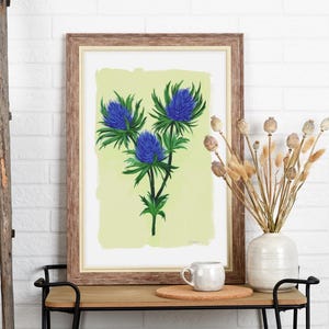 Blue Thistle Art Print: Gouache Floral Painting, Cottagecore Decor