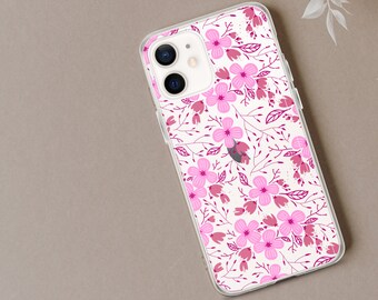 Funda para iPhone con estampado floral rosa y diseño de flores en tonos pastel.