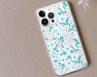 Blue Floral Pattern iPhone Case, Pastel Flower Design
