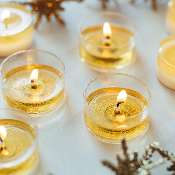 Golden Yellow Unscented  Soy Tealight Candles with Gold Glitter - Gold Wedding Centerpieces - Gold Tealights - Holiday Table Candle