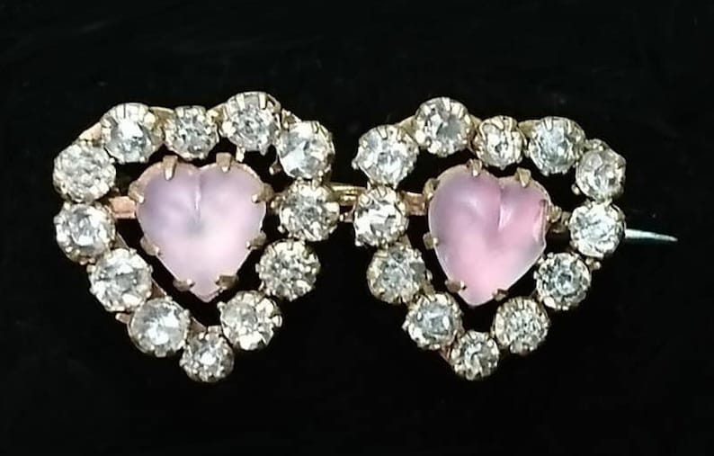 Antique 1800/'s Victorian Pink Double Heart Paste Glass Rhinestone Brooch BoutiqueByDanielle