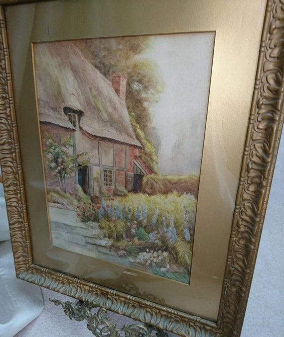 Victorian Watercolour Of A Rustic Thatched Cottage Garden Scene Interior Design Interior Decorator Boutiquebydanielle