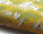 NEW Japanese Paper Yuzen quot Cranes Flight on Pattern Mix. White, Turquoise and Silver on Yellow. quot Chiyogami