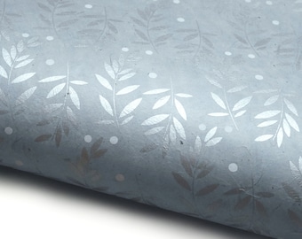 Lokta Paper "Branches and Berries". Light Blue/Silver/White. Handmade Nepalese Paper. Silk Screen Printed.
