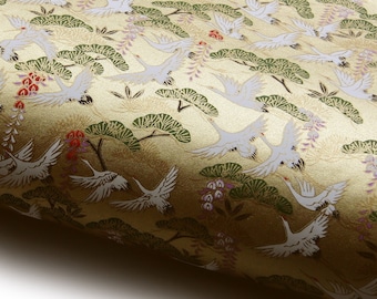 NEW! Japanese Paper Yuzen "Cranes, Japanese Pine and Wisteria on Gold." Chiyogami