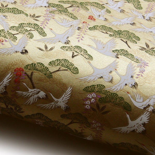 NEW! Japanese Paper Yuzen "Cranes, Japanese Pine and Wisteria on Gold." Chiyogami