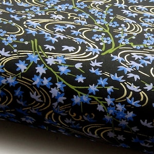 Japanese Paper Chiyogami Yuzen "Lotus, Maple Leaves and Blooming Branches. Blue and Gold on Black."