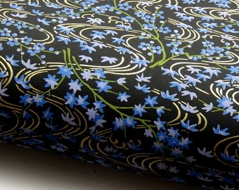 Japanese Paper Chiyogami Yuzen "Lotus, Maple Leaves and Blooming Branches. Blue and Gold on Black."