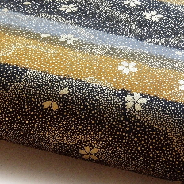 Japanese Paper Yuzen "Cherry Blossoms and Clouds. Gold on Black, Grey and Ocher." Chiyogami