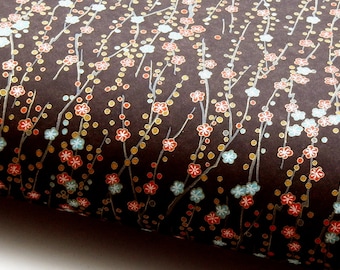 Japanese Paper Chiyogami Yuzen "Plum Blossoms. Red and Light Blue on Brown."