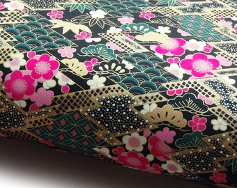 NEW! Japanese Paper Yuzen "Japanese Garden. Pattern Mix. Gold, Pink, Dark Green and White on Black." Chiyogami