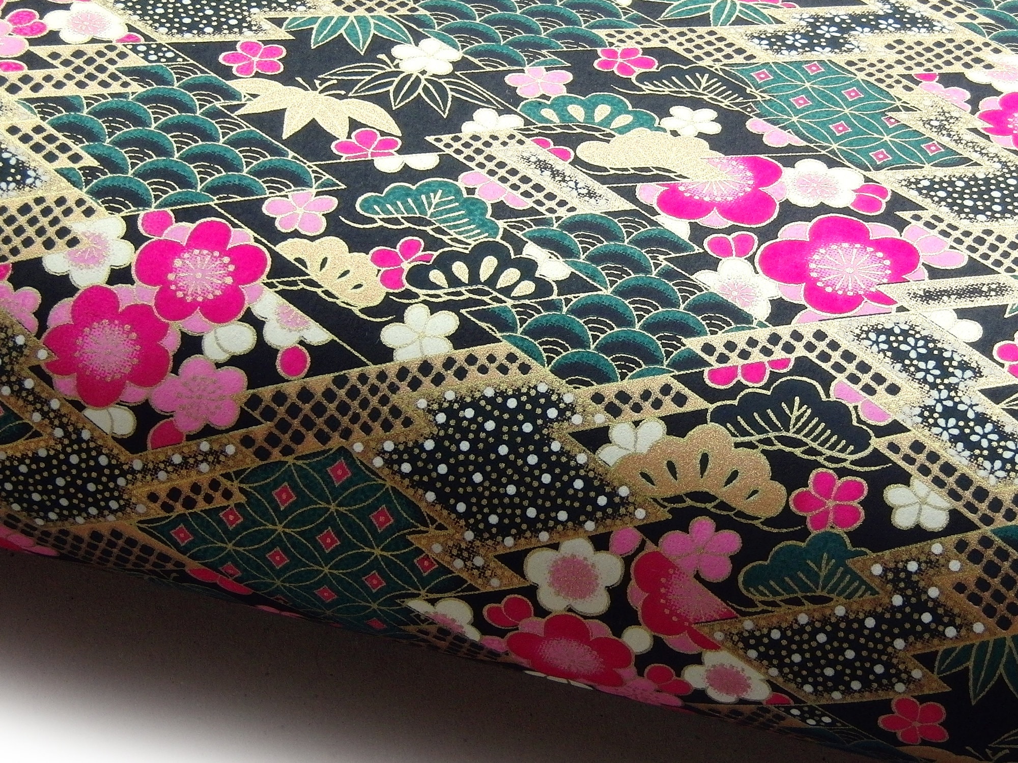 NEW! Japanese Paper Yuzen "Japanese Garden. Pattern Mix. Gold, Pink, Dark Green and White on Black." Chiyogami