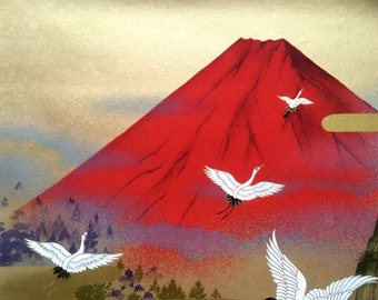Japanese Paper Sogara "Red Mt. Fuji." Yuzen, Screen Print, handmade
