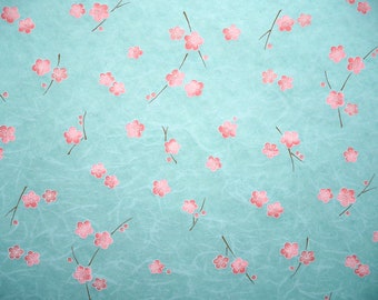 NEW! Japanese Paper Yuzen "Plum Blossoms. Pink on Light Blue." Chiyogami
