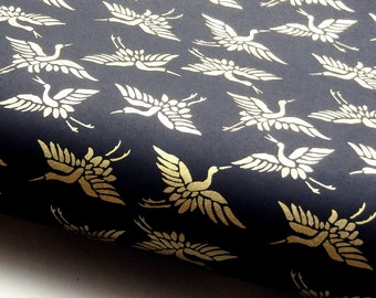 Japanese Paper Yuzen "Cranes. Gold on Black." Chiyogami