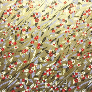 Japanese Paper Yuzen Blossoms and Leaves in Stream. Red, White, Black, Violet Blue and Gold on Gold. Chiyogami image 2