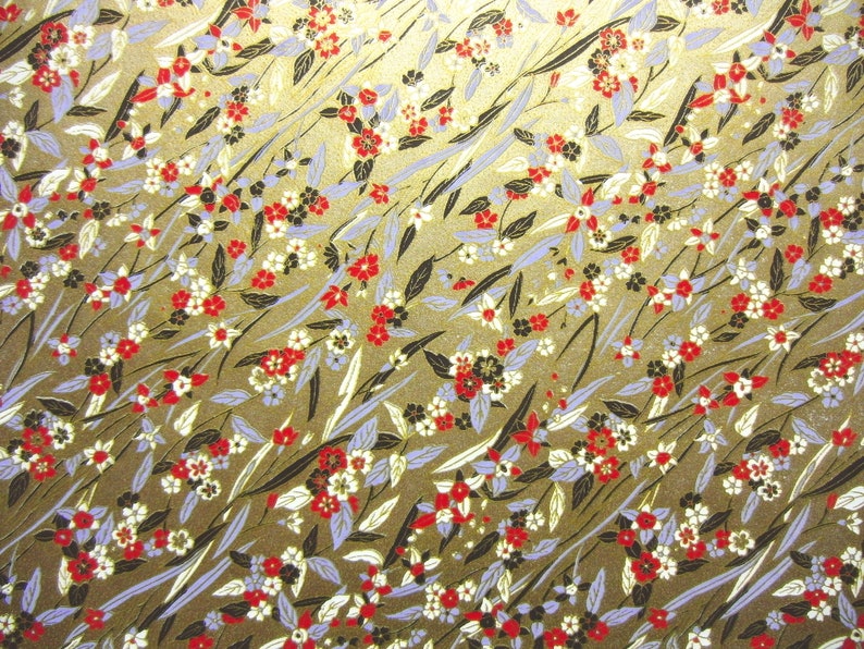 Japanese Paper Yuzen Blossoms and Leaves in Stream. Red, White, Black, Violet Blue and Gold on Gold. Chiyogami image 2