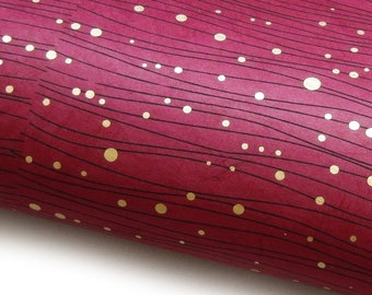 Lokta Paper "Dots and Lines". Bordeaux/Black/Gold. Handmade Nepalese Paper. Silk Screen Printed.