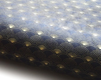 Lokta Paper &quot;Sea Waves and Suns&quot;. Night Blue/Gold. Handmade Nepalese Paper. Silk Screen Printed.