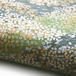 Japanese Paper Yuzen "Cherry Blossoms, River and Meadow. Yellow, White and Gold on Green and Petrol." Chiyogami