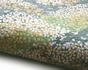 Japanese Paper Yuzen "Cherry Blossoms, River and Meadow. Yellow, White and Gold on Green and Petrol." Chiyogami