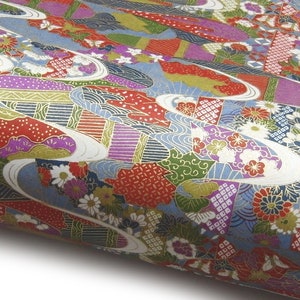 Papier japonais Chiyogami « Paysage japonais avec ruisseaux (Kawa). Motifs variés. Rouge, vert, bleu, violet, blanc et or. » Yuzen
