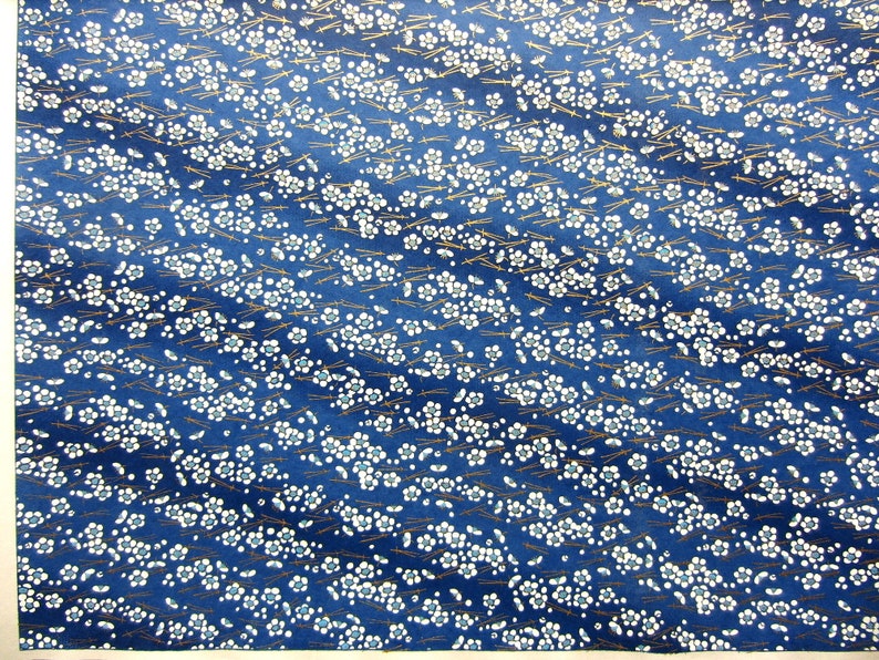 Japanese Paper Yuzen Plum Blossoms and Pine Needles. White and Gold on Blue Chiyogami image 3