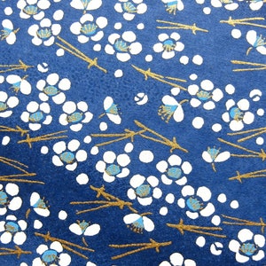 Japanese Paper Yuzen Plum Blossoms and Pine Needles. White and Gold on Blue Chiyogami image 6