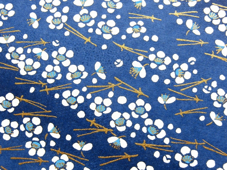 Japanese Paper Yuzen Plum Blossoms and Pine Needles. White and Gold on Blue Chiyogami image 6