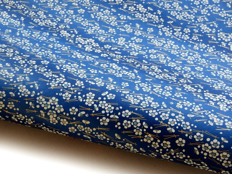 Japanese Paper Yuzen Plum Blossoms and Pine Needles. White and Gold on Blue Chiyogami image 5