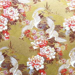 Japanese Paper Yuzen Dancing Cranes and Peonies. Red, Brown, White and Gold on Gold. Chiyogami image 5