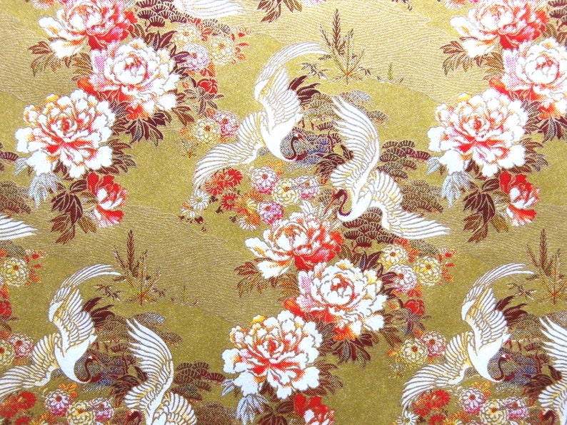 Japanese Paper Yuzen Dancing Cranes and Peonies. Red, Brown, White and Gold on Gold. Chiyogami image 5