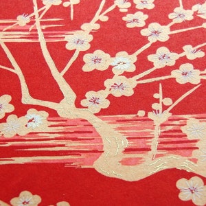 Japanese Paper Yuzen Plum Blossoms. Orange with White and Gold on Red. Chiyogami image 6